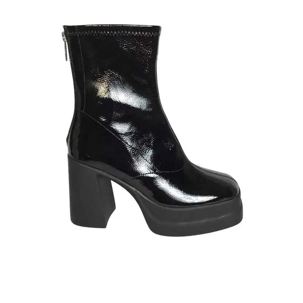 Free People Women Platform Chunky Heel Bootie Sz36 Black Patent Club Moto Shiny - Picture 2 of 9